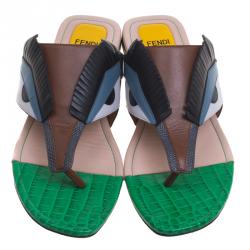 Pre Owned Fendi Multicolor Leather Bug Monster Thong Sandals Size 38.5