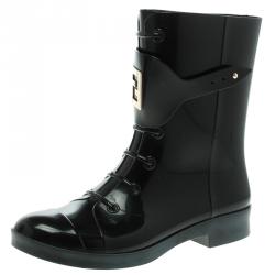 Pre Owned Fendi Black PVC Faux Lace-Up Rain Boots Size 40