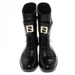 Pre Owned Fendi Black PVC Faux Lace-Up Rain Boots Size 40