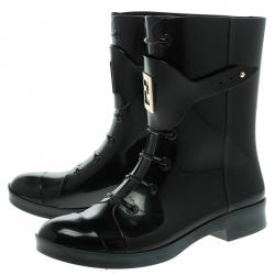 Pre Owned Fendi Black PVC Faux Lace-Up Rain Boots Size 40