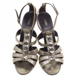 Pre Owned Fendi Gold Iridescent Leather Silver Studded Ankle Strap Sandals Size 39.5