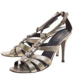 Pre Owned Fendi Gold Iridescent Leather Silver Studded Ankle Strap Sandals Size 39.5