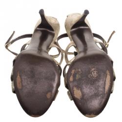 Pre Owned Fendi Gold Iridescent Leather Silver Studded Ankle Strap Sandals Size 39.5