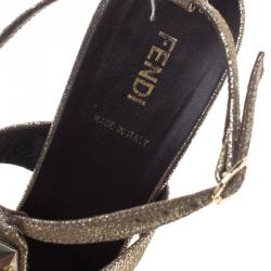 Pre Owned Fendi Gold Iridescent Leather Silver Studded Ankle Strap Sandals Size 39.5