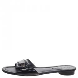 Pre Owned Fendi Black Patent Leather B Buckle Flat Slides Size 40