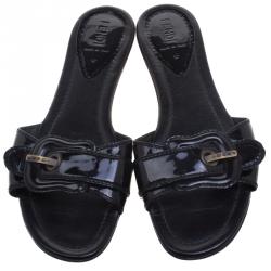 Pre Owned Fendi Black Patent Leather B Buckle Flat Slides Size 40