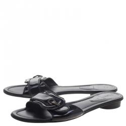 Pre Owned Fendi Black Patent Leather B Buckle Flat Slides Size 40