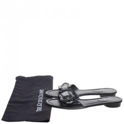 Pre Owned Fendi Black Patent Leather B Buckle Flat Slides Size 40