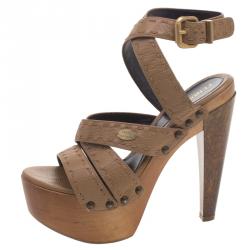 مملوكة مسبقًا Fendi Brown Leather Wooden Platform Ankle Strap Sandals Size 38