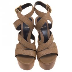 مملوكة مسبقًا Fendi Brown Leather Wooden Platform Ankle Strap Sandals Size 38
