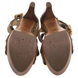 مملوكة مسبقًا Fendi Brown Leather Wooden Platform Ankle Strap Sandals Size 38