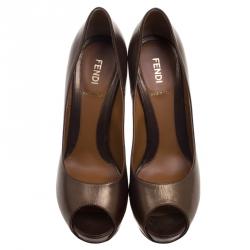Pre Owned Fendi Metallic Bronze Leather Zucca Printed Heel Peep Toe Pumps Size 38.5