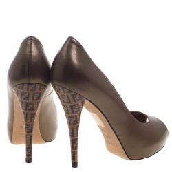 Pre Owned Fendi Metallic Bronze Leather Zucca Printed Heel Peep Toe Pumps Size 38.5