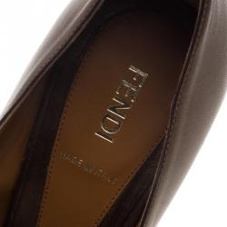 Pre Owned Fendi Metallic Bronze Leather Zucca Printed Heel Peep Toe Pumps Size 38.5