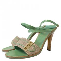 Fendi Beige Canvas and Green Leather Ankle Strap Sandals Size 37