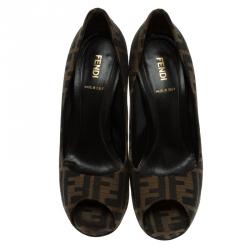 Pre Owned Fendi Tobacco Zucca Canvas Peep Toe Pumps Size 39