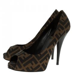 Pre Owned Fendi Tobacco Zucca Canvas Peep Toe Pumps Size 39