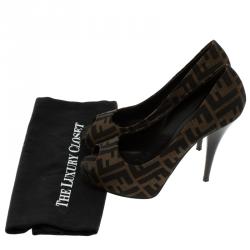Pre Owned Fendi Tobacco Zucca Canvas Peep Toe Pumps Size 39