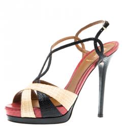 Fendi Tri Color Raffia and Snakeskin Strappy Slingback Platform Sandals Size 39