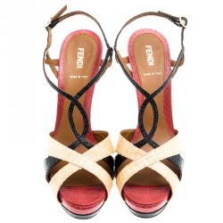 Fendi Tri Color Raffia and Snakeskin Strappy Slingback Platform Sandals Size 39