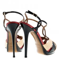 Fendi Tri Color Raffia and Snakeskin Strappy Slingback Platform Sandals Size 39