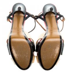 Fendi Tri Color Raffia and Snakeskin Strappy Slingback Platform Sandals Size 39