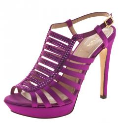 Fendi Magenta Crystal Embellished Satin Gladiator Platform Sandals Size 37