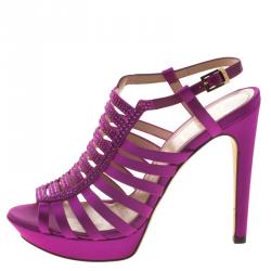 Fendi Magenta Crystal Embellished Satin Gladiator Platform Sandals Size 37