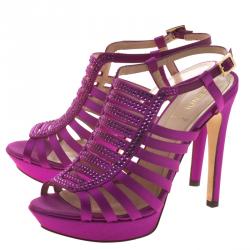 Fendi Magenta Crystal Embellished Satin Gladiator Platform Sandals Size 37