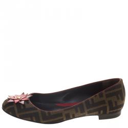 Pre Owned Fendi Brown Zucca Canvas Leather Star Embellished Ballet Flats Size 37