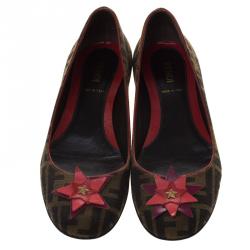 Pre Owned Fendi Brown Zucca Canvas Leather Star Embellished Ballet Flats Size 37