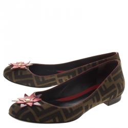 Pre Owned Fendi Brown Zucca Canvas Leather Star Embellished Ballet Flats Size 37