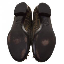 Pre Owned Fendi Brown Zucca Canvas Leather Star Embellished Ballet Flats Size 37