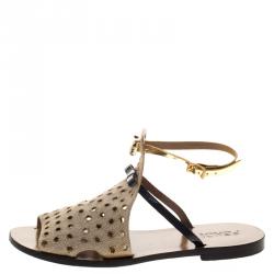 Pre Owned Fendi Beige Perforated Jute Bow Slingback Flat Sandals Size 39