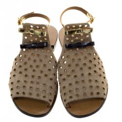 Pre Owned Fendi Beige Perforated Jute Bow Slingback Flat Sandals Size 39