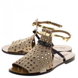 Pre Owned Fendi Beige Perforated Jute Bow Slingback Flat Sandals Size 39