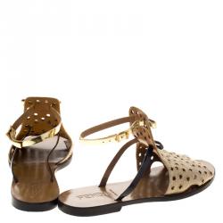 Pre Owned Fendi Beige Perforated Jute Bow Slingback Flat Sandals Size 39