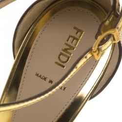 Pre Owned Fendi Gold Metallic Perforated Leather T Strap Platform Sandals Size 41