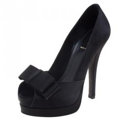 Pre Owned Fendi Black Satin Deco Bow Detail Peep Toe Platform Pumps Size 35.5