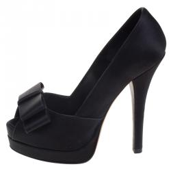 Pre Owned Fendi Black Satin Deco Bow Detail Peep Toe Platform Pumps Size 35.5