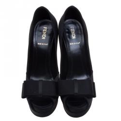 Pre Owned Fendi Black Satin Deco Bow Detail Peep Toe Platform Pumps Size 35.5