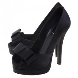 Pre Owned Fendi Black Satin Deco Bow Detail Peep Toe Platform Pumps Size 35.5