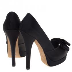 Pre Owned Fendi Black Satin Deco Bow Detail Peep Toe Platform Pumps Size 35.5