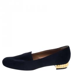 Pre Owned Fendi Dark Blue Suede Studded Heel Smoking Slippers Size 39.5