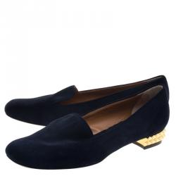 Pre Owned Fendi Dark Blue Suede Studded Heel Smoking Slippers Size 39.5