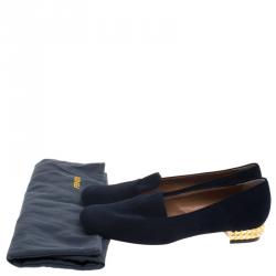 Pre Owned Fendi Dark Blue Suede Studded Heel Smoking Slippers Size 39.5