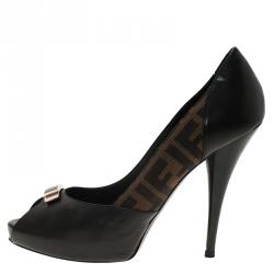 Pre Owned Fendi Brown Zucca Canvas and Black Leather Peep Toe Platform Pumps Size 40