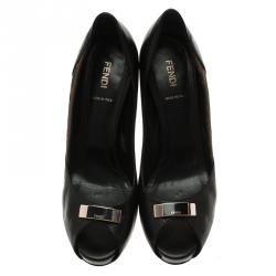 Pre Owned Fendi Brown Zucca Canvas and Black Leather Peep Toe Platform Pumps Size 40