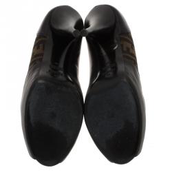 Pre Owned Fendi Brown Zucca Canvas and Black Leather Peep Toe Platform Pumps Size 40