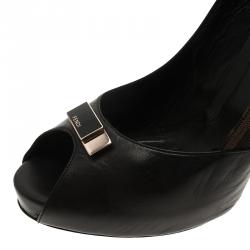 Pre Owned Fendi Brown Zucca Canvas and Black Leather Peep Toe Platform Pumps Size 40